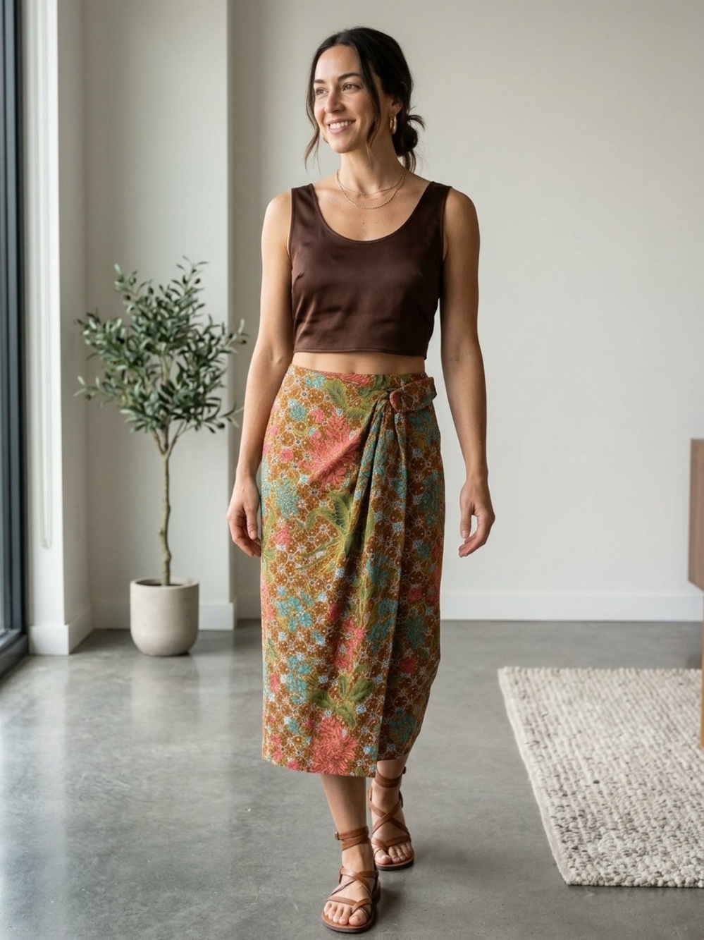 RAFAELLA Wrap Bottom Midi Skirt Batik-style Floral Print Side Zip